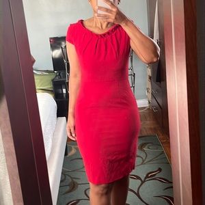 Red Sleeve Shift Dress with braided neck detail - Midi